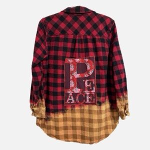 Upcycled Plaid Flannel Shirt with Peace Graphic